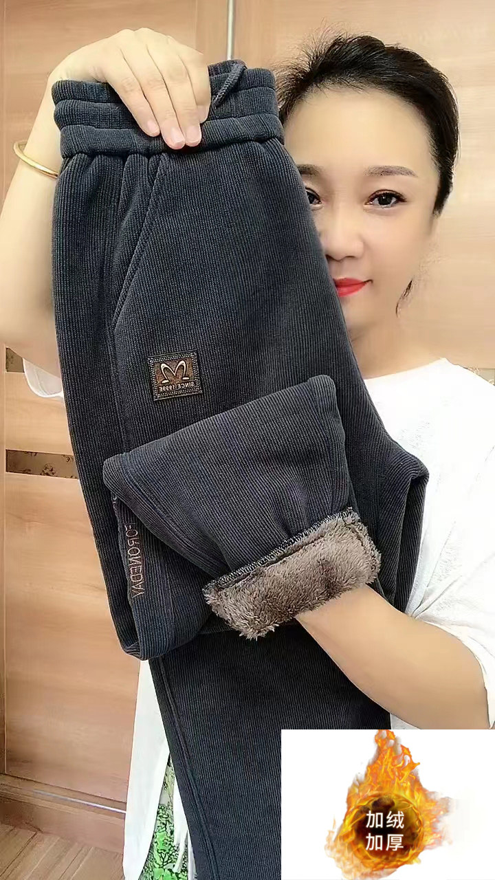 加绒加厚羊羔绒保暖裤女高腰哈伦百搭休闲裤刺绣宽松时尚小脚卫裤