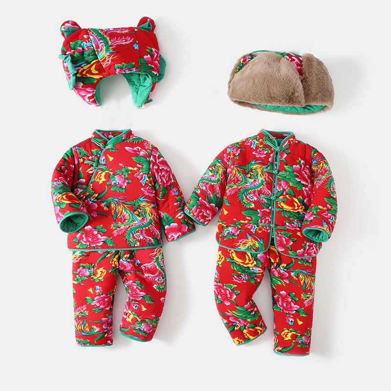 婴幼儿东北大花套装宝宝冬季棉服女童拜年衣服小儿童过年棉袄棉裤