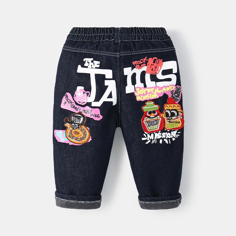 儿童裤子秋冬季牛仔印花裤日系潮流刺绣牛仔裤百搭加绒厚款