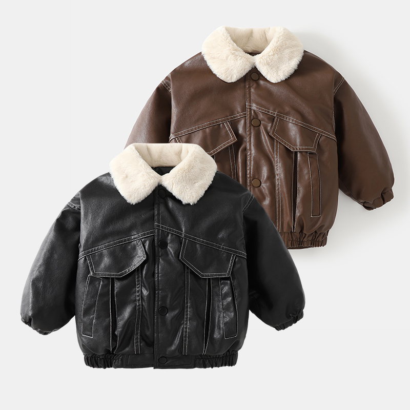 婴幼儿皮衣男童加绒外套小童新款洋气宝宝保暖冬装秋冬儿童上衣潮
