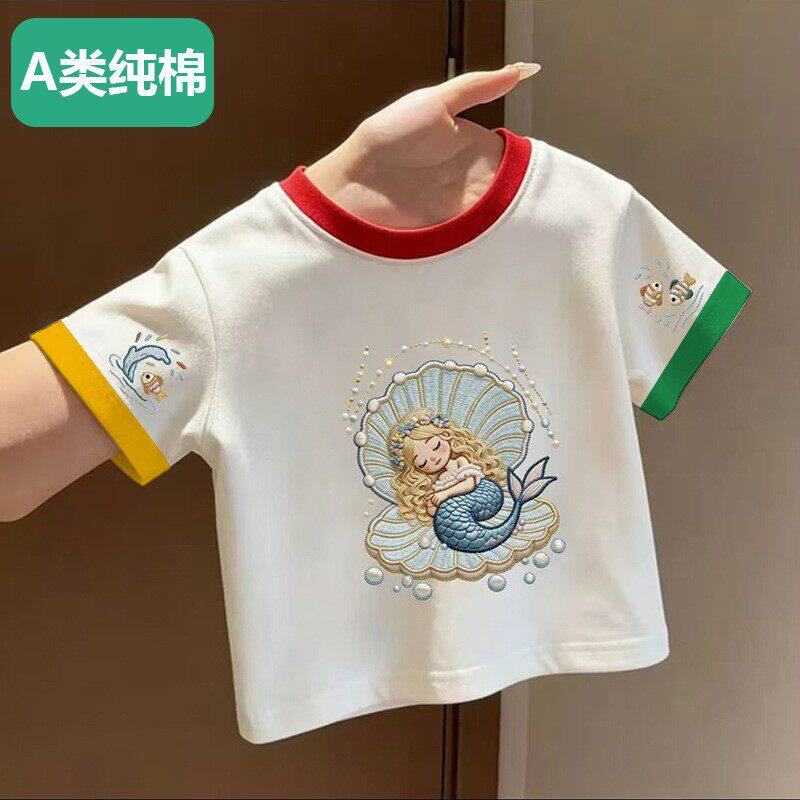 全棉纯棉女童飞袖T恤可爱公主印花拼色女童夏装无袖圆领100%纯棉