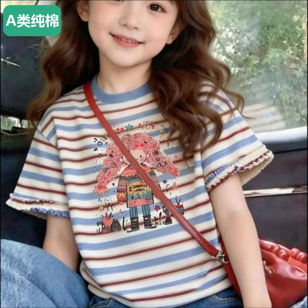 全棉甜美女孩条纹100%纯棉短袖T恤女童夏季新款儿童体恤上衣t恤