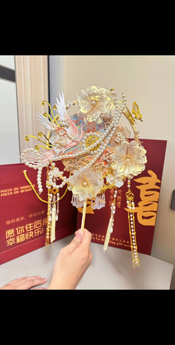 新款造花液成品秀禾喜扇婚礼新娘减龄结婚蓝色双面圈团扇材料包