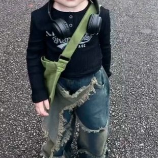 童裤2024复古女童复古阔腿牛仔裤中大童女宝做旧牛仔星星毛边套装