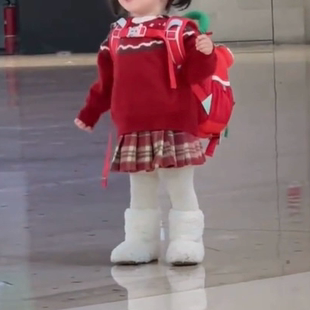 女童圣诞树造型翻领毛衣冬季撞色格纹A字百褶裙甜美半身裙套装