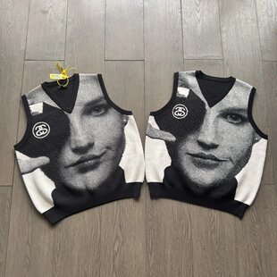 纪璇JeX自主新款人脸马甲针织衫字母提花圆领套头长袖毛衣男女款