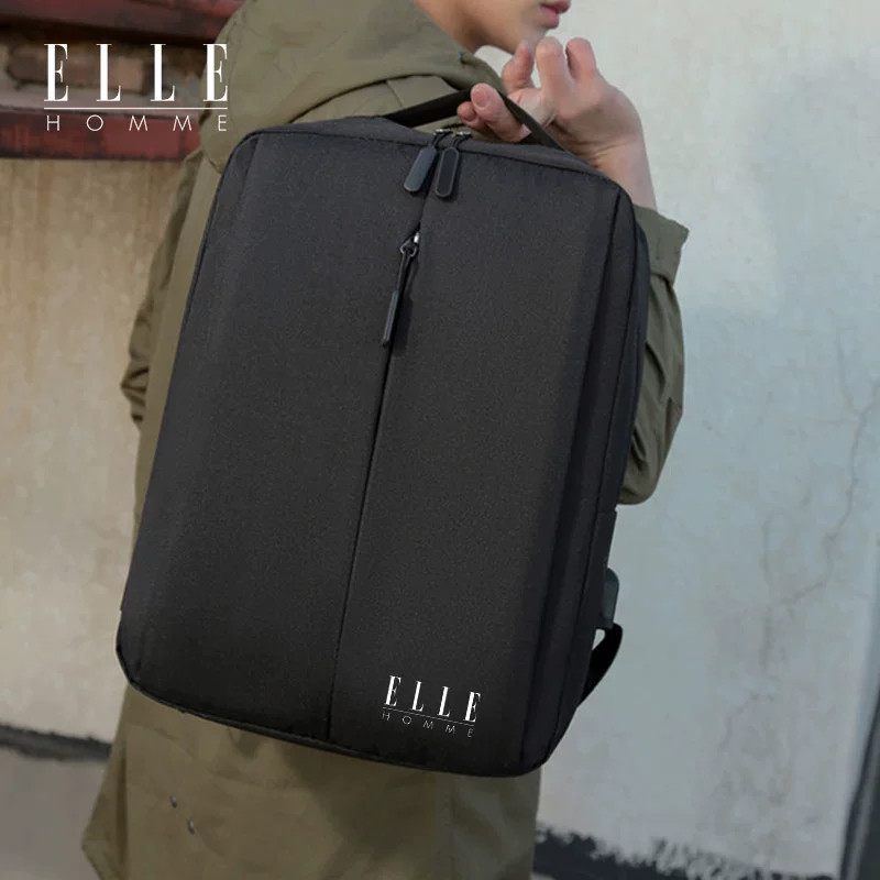 ELLE HOMME简约大容量电脑包旅行休闲学生书包USB接口双肩包