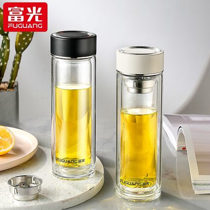 富光双层玻璃杯商务高档真皮带盖水杯男女士便携车载茶水分离茶杯