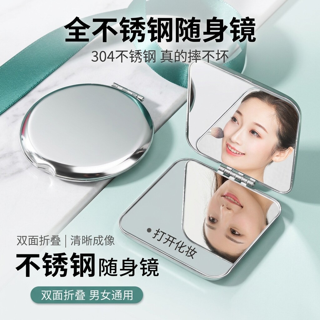 双面小镜子女随身男士便携带折叠手持不锈钢桌面可立迷你化妆专用