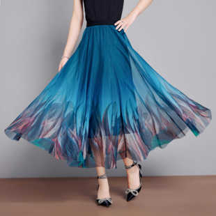 胖mm时尚 过膝渐变色长裙子垂感半身裙 大摆裙高腰网纱A字跳舞服装
