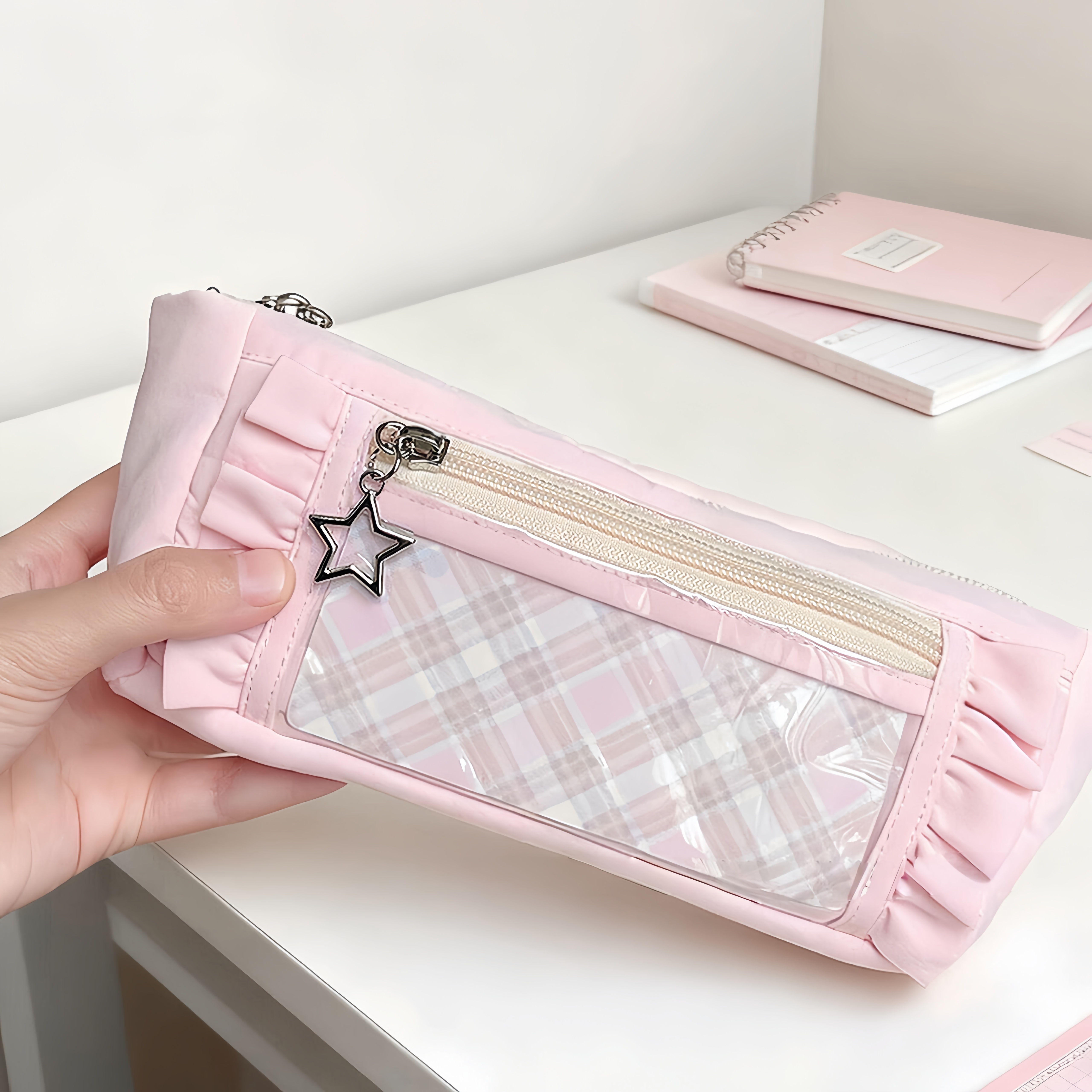 韩系荷叶樱花粉花边透明痛包笔袋