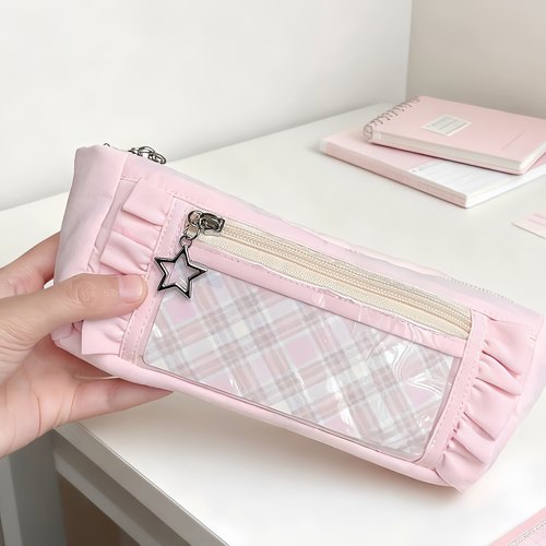 韩系荷叶樱花粉花边透明痛包笔袋