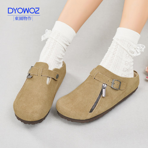DYOWOZ/东园物作新款真皮软木半包头勃肯拖鞋女外穿时尚拉链装饰