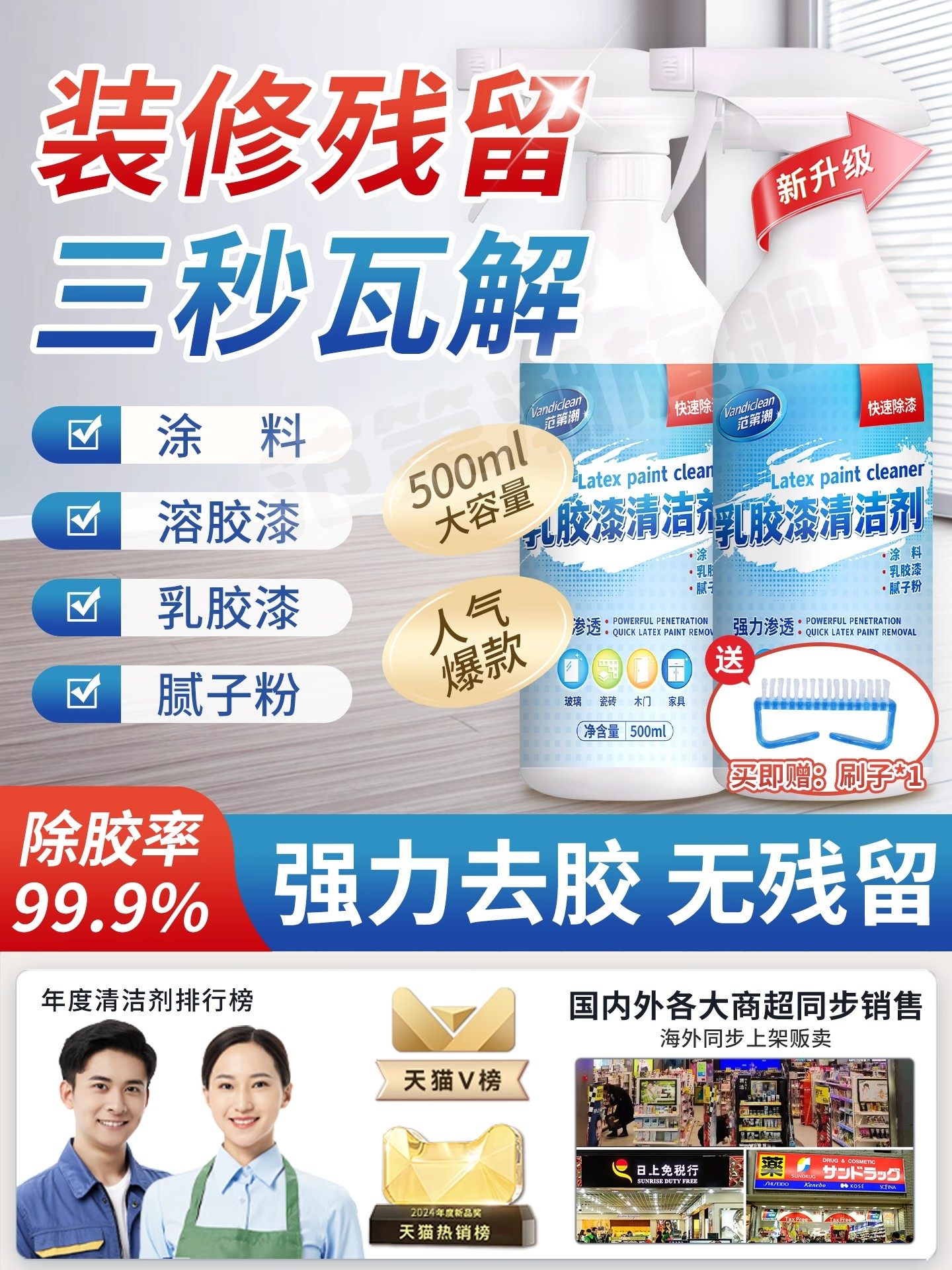 乳胶漆清洁剂新房装修开荒保洁瓷砖玻璃专用去除水泥腻子粉清洗剂