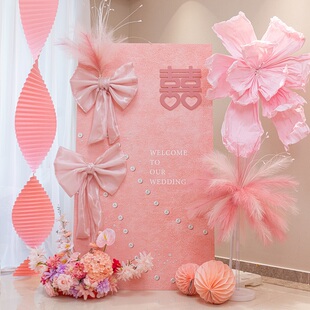 订婚装饰布置迎宾牌kt板女方出阁宴粉色蝴蝶结烟花摆件结婚背景墙
