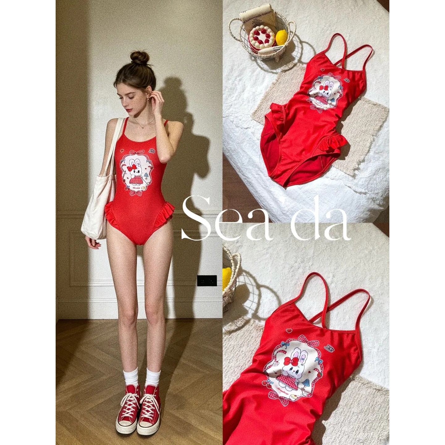 Sea’da【啵啵兔】新款红色小兔图案可拆卸胸垫游泳连体泳衣女图片