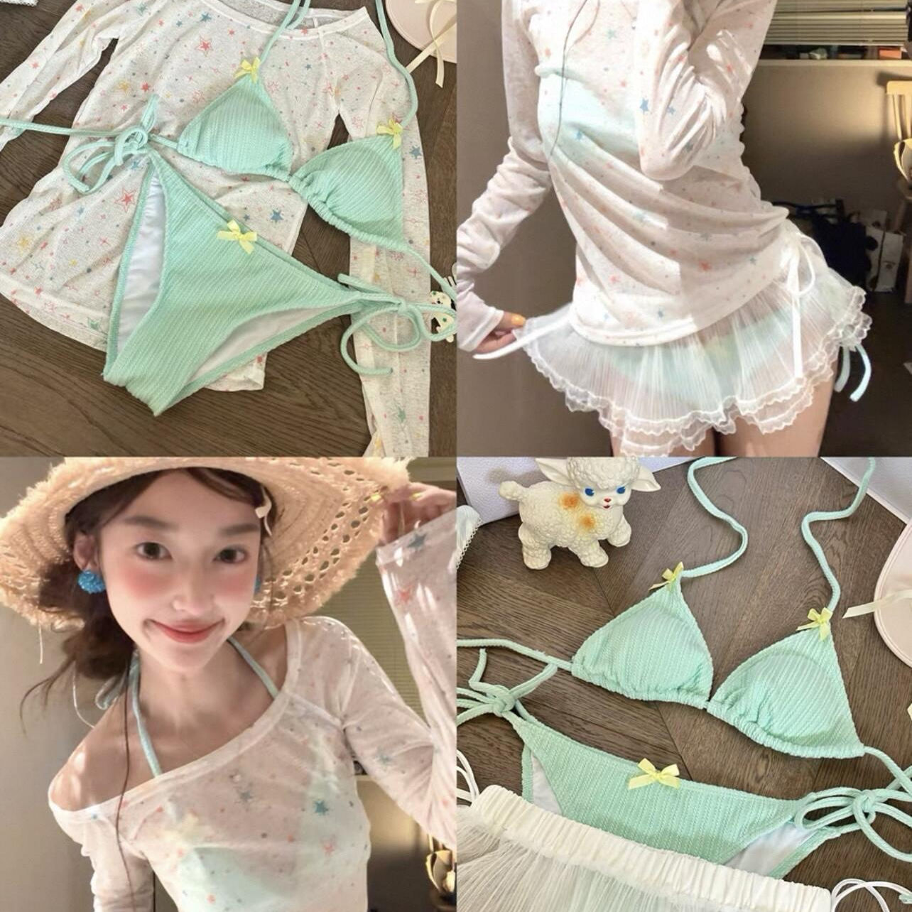 【青柠茶】星星印花休闲薄款罩衫女比基尼泳衣蕾丝屁帘度假泡温泉