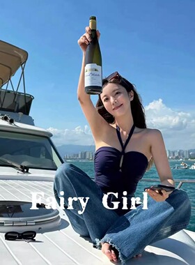 泳衣女温泉度假抹胸挂脖露背性感遮肚连体泳衣女挂脖小胸平胸纯色