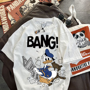 出口外贸折扣奥特莱斯专柜撤回纯棉卡通唐老鸭短袖 T恤男女上衣潮