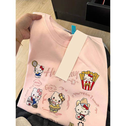 广州十三行外贸订单~纯棉可爱KT猫印花男女短袖T恤新款韩版上衣潮