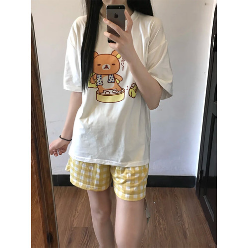 广州十三行外贸订单~夏季百搭轻松熊印花纯棉男女短袖T恤休闲上衣