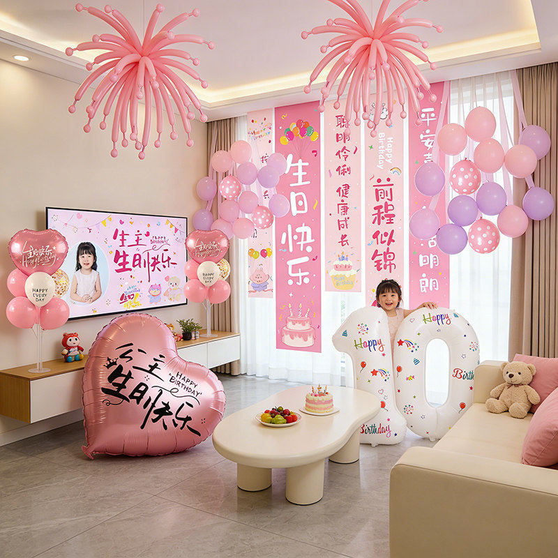 小女孩儿童生日派对场景布置室内客厅装饰条幅挂布拍照道具仪式感