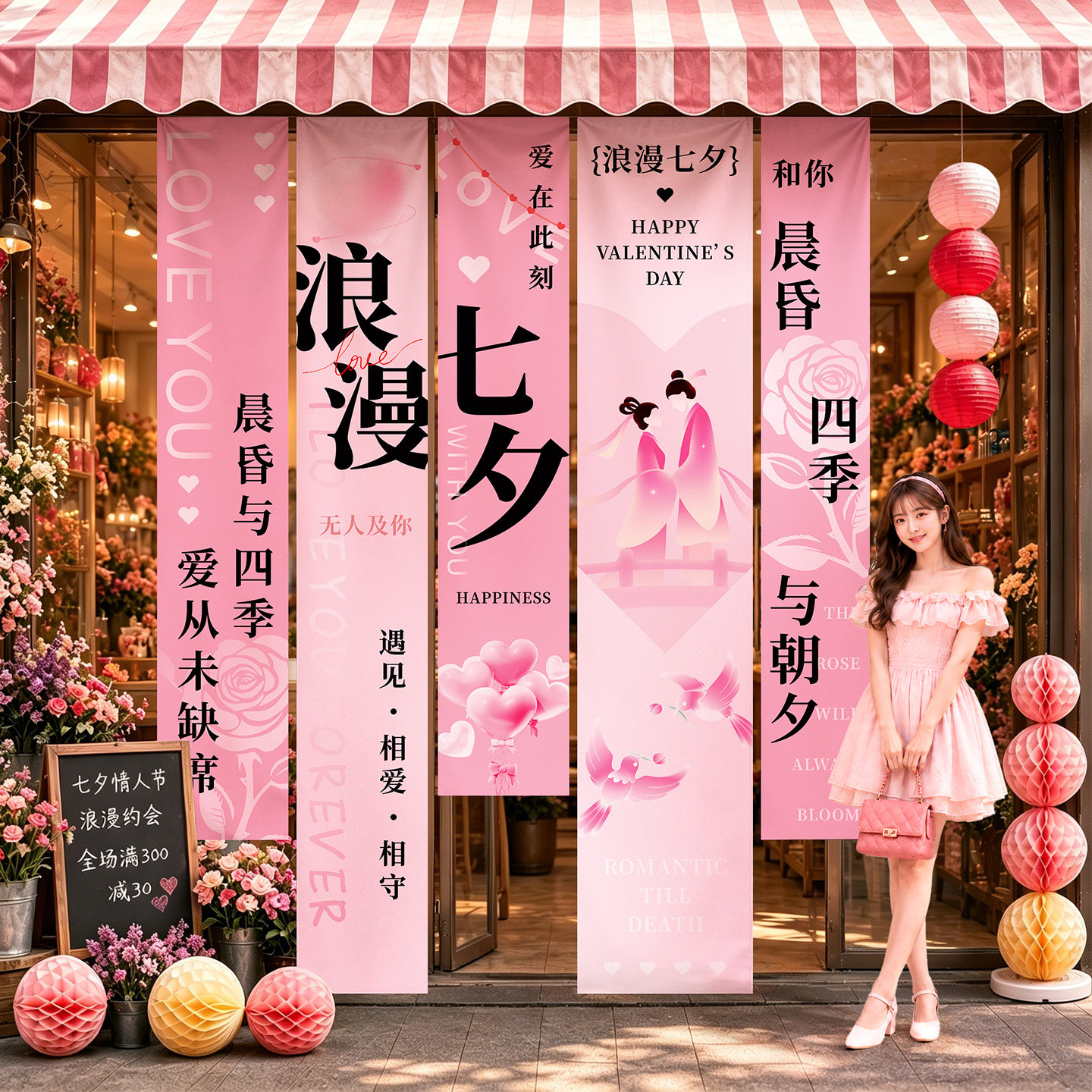 七夕场景氛围布置装饰活动条幅珠宝店铺橱窗拍照打卡道具美陈挂布