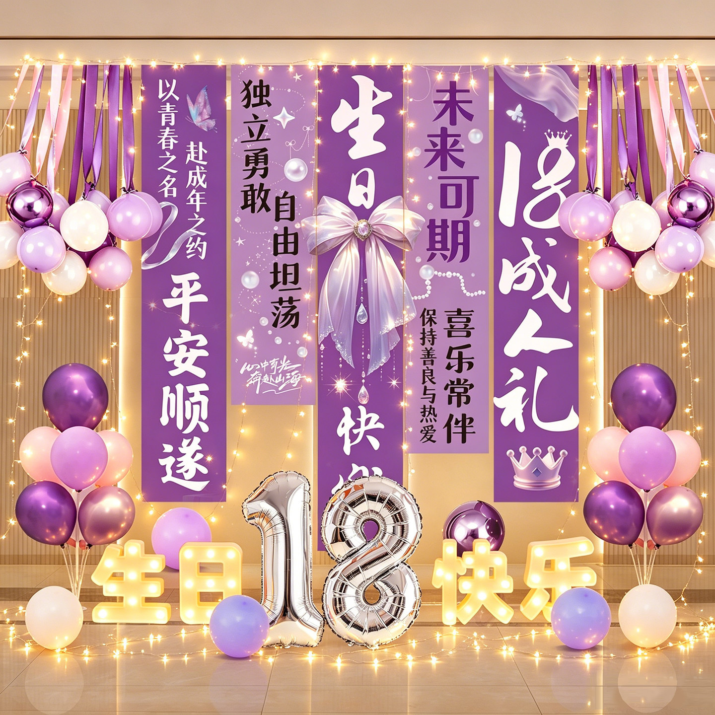 女孩成人礼18岁生日快乐仪式感气球条幅挂布氛围布置场景装饰道具