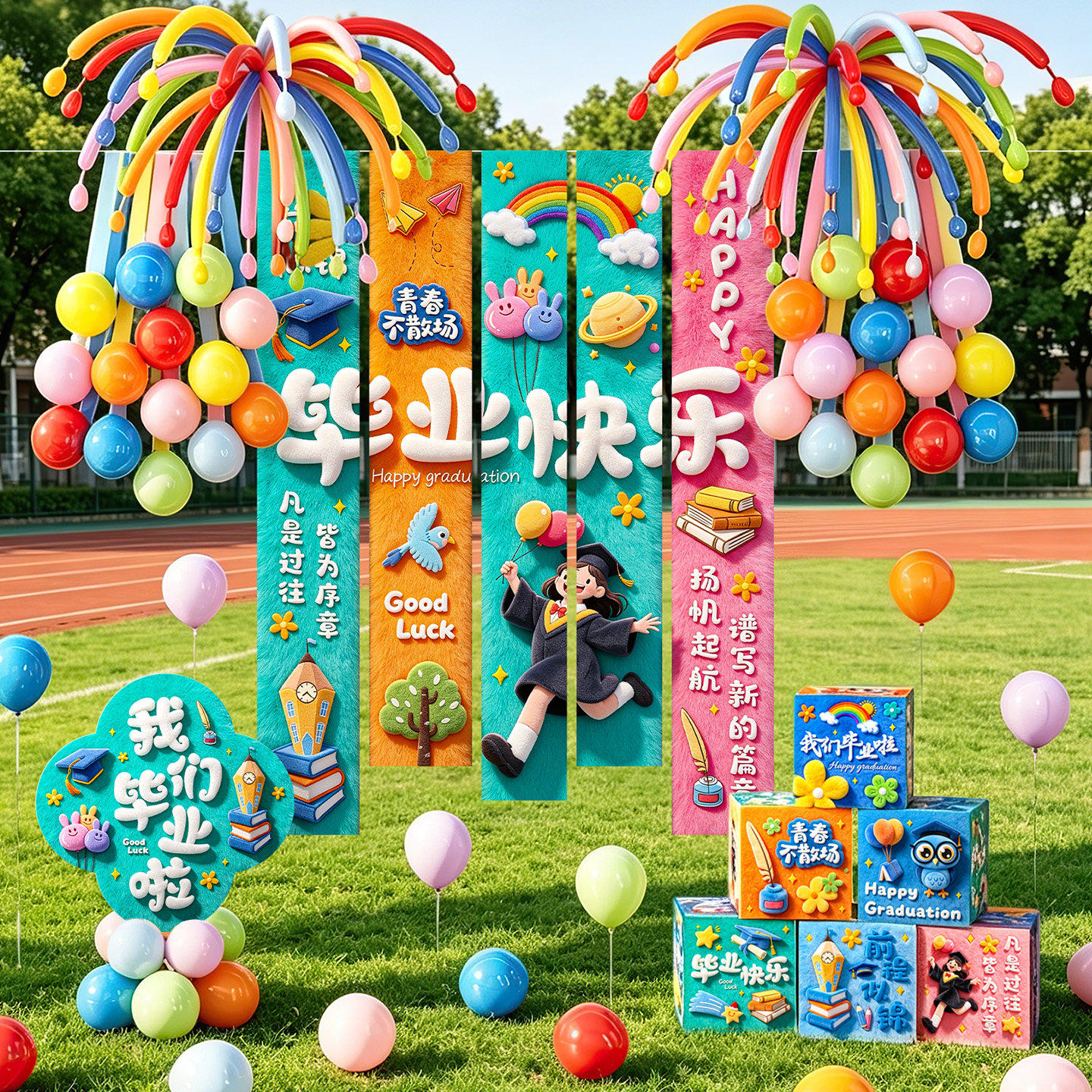 毕业快乐幼儿园活动氛围条幅彩带气球装饰kt板摆件地堆盒全套布置
