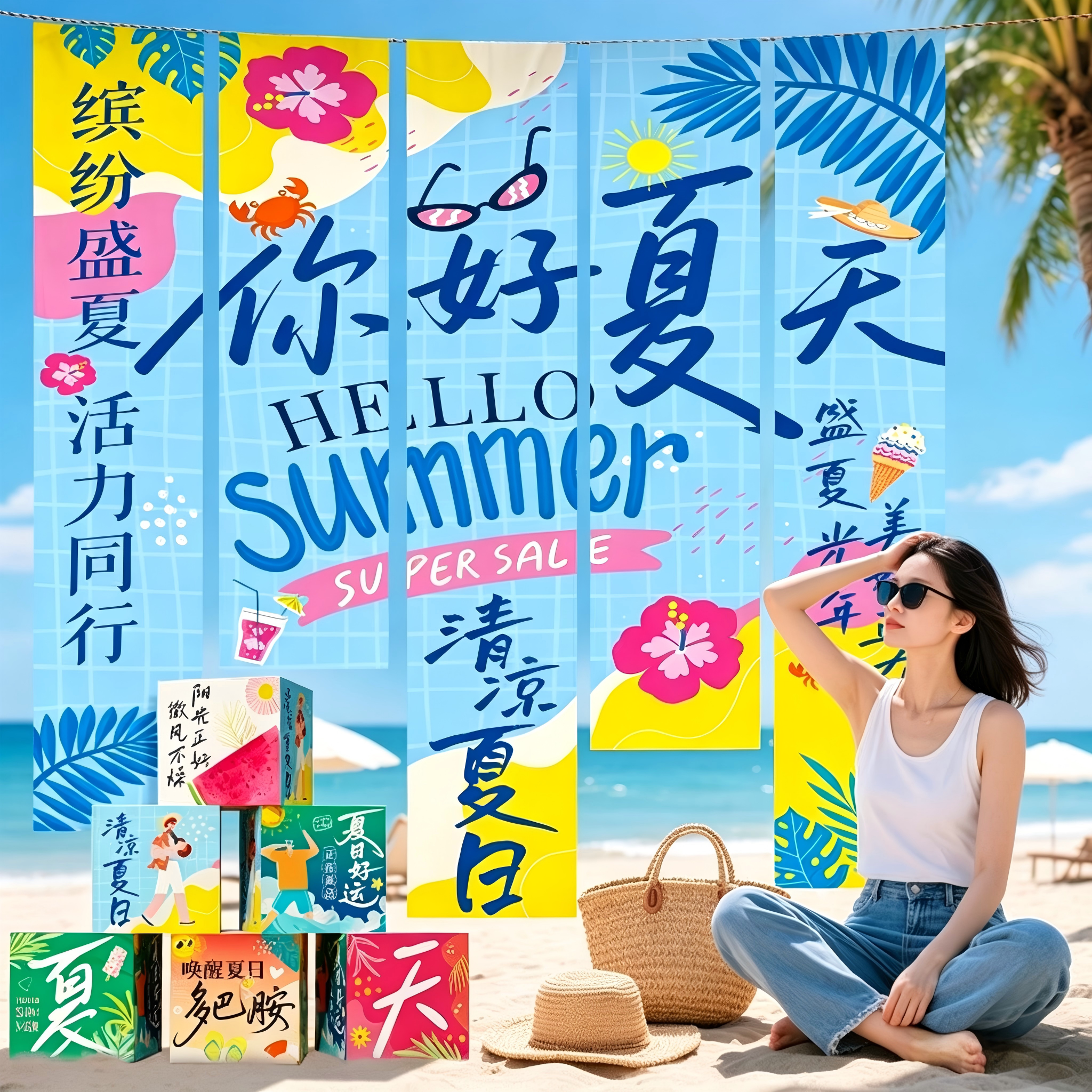 夏天日场景布置氛围装饰露营海边沙滩拍照条幅挂布打卡道具背景布