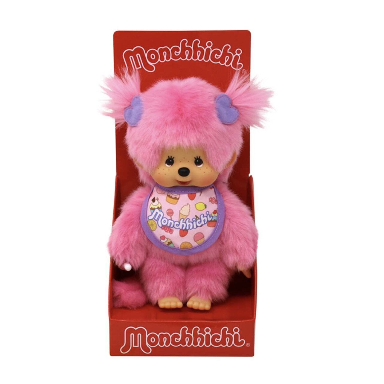 美版代购萌趣趣Monchhichi蒙奇奇特别款 粉色糖果围兜 羊角辫女孩