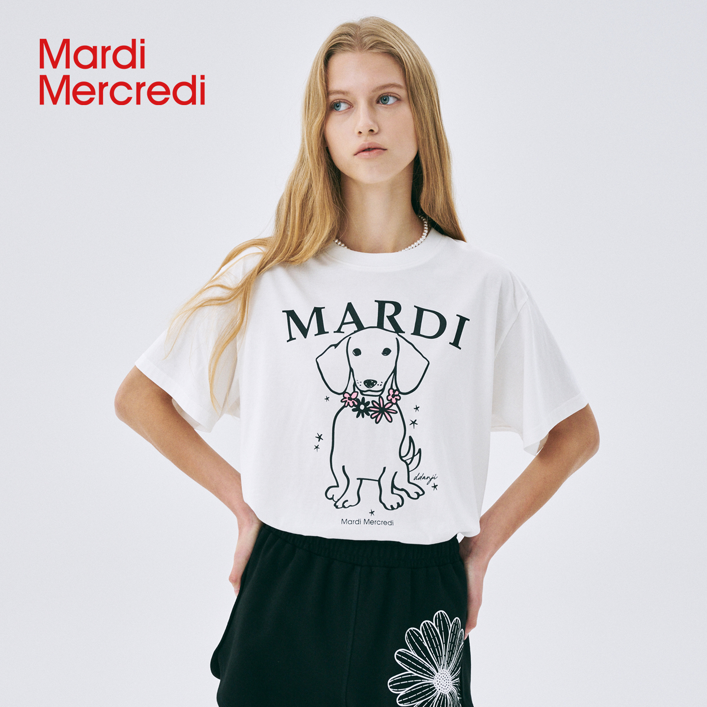 MardiMercredi彩花珍珠小狗t恤