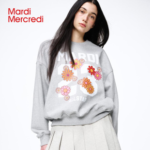 MardiMercredi数字23花朵印花圆领套头卫衣休闲宽松男女情侣上衣
