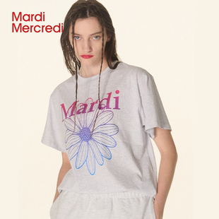 t恤宽松韩系休闲纯棉上衣女 MardiMercredi小雏菊渐变字母印花短袖