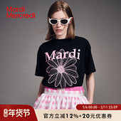 MardiMercredi小雏菊黑粉短袖 新款 T恤女圆领宽松半袖 上衣韩系夏季