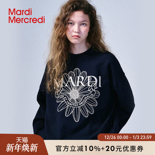 MardiMercredi小雏菊飘带刺绣圆领卫衣韩系学院徽章宽松纯棉上衣