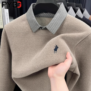 保罗假两件毛衣男款秋冬2025新加绒加厚一体绒保暖男士针织打底衫