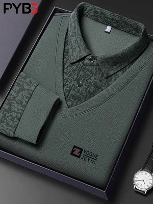 高端男士长袖t恤假两件春秋冬季2025新款加绒打底POLO衫卫衣男款