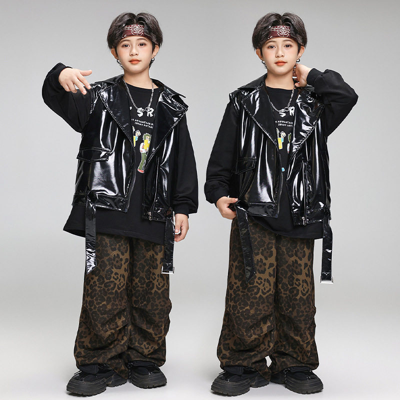 少儿hiphop街舞潮服男女 童嘻哈宽松酷帅亮面皮马甲架子鼓演出服