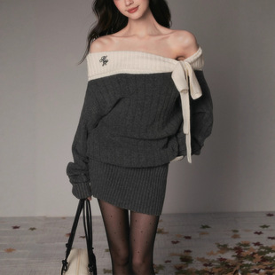 Moster Timnothy原创一字肩蝴蝶结厚款连衣裙氛围感针织长袖毛衣