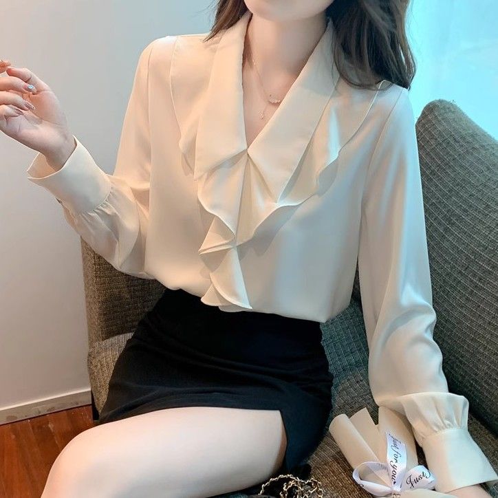荷叶边V领雪纺衫女秋装20