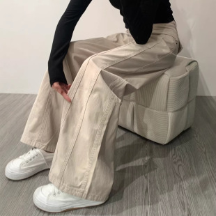 杏色工装直筒牛仔裤女春夏阔腿裤女牛仔高腰宽松遮胯显瘦裤子女款