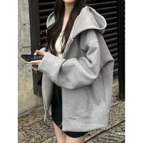 灰色bm卫衣外套女春秋oversize重磅2025新款爆款秋季韩系慵懒风厚