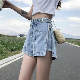薄款牛仔短裤女夏新款ins侧拉链直筒高腰a字母超火阔腿热裤子