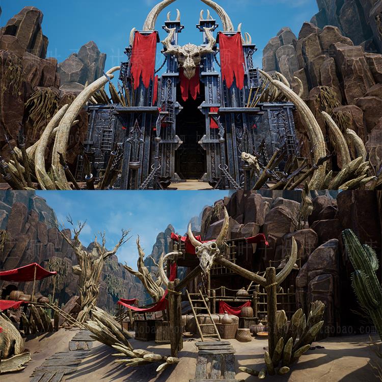 UE4神秘的沙漠营地3d模型 山石头骨图腾古建筑 场景道具素材0663