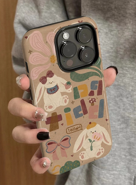 适用苹果15手机壳iPhone16promax新款iP14/13女个性12简约xsmax卡通棕底兔子8创意防摔11套7plus菲林二合一xr