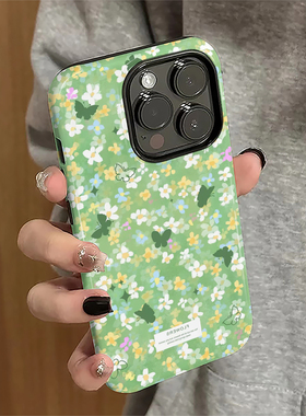 蝴蝶碎花适用苹果16promax手机壳iPhone17pro绿色15pro春天14女13日韩xsmax新款12防摔11保护套8/7plus菲林x
