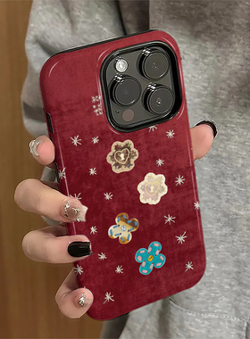 红底纽扣适用苹果17promax手机壳iPhone16pro红色P15pro简约14女13小众xsmax新款12防摔11保护套8/7plus菲林