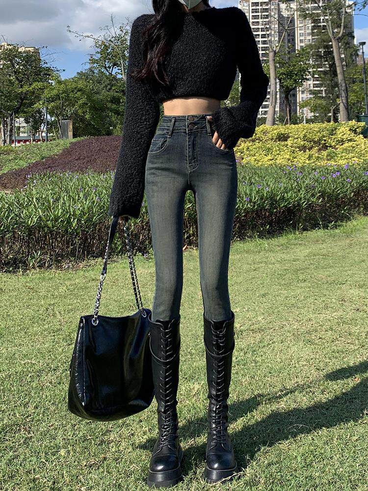 覆古水泥灰紧身牛仔裤女春秋2025新款高腰靴裤弹力修身小脚铅笔裤