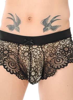 Lace tight fitting flat cornered underwear蕾丝紧身平角内裤男